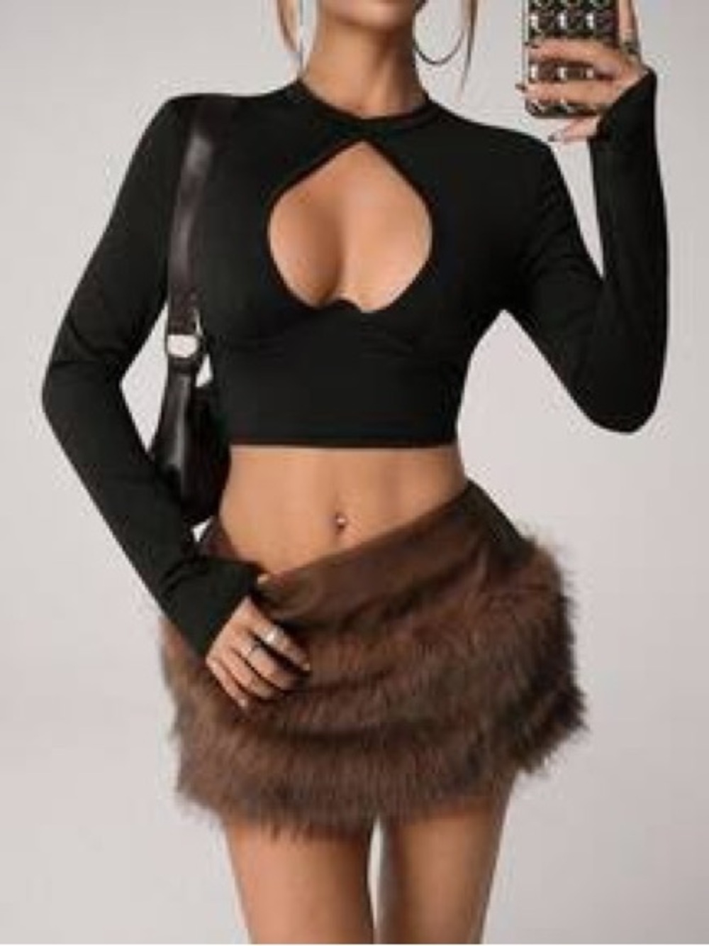 SHEIN Brown Faux Fur Mini Skirt